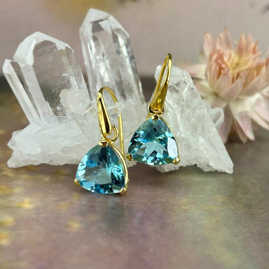 Blue Topaz Trillion Gold Drop Earrings