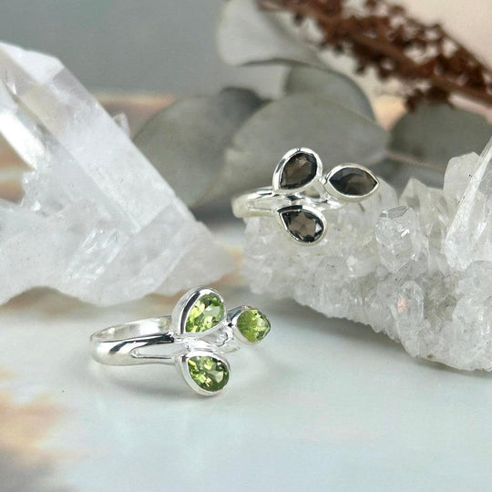 Peridot or Smokey Quartz Elvish Leaf Three Stone Rings