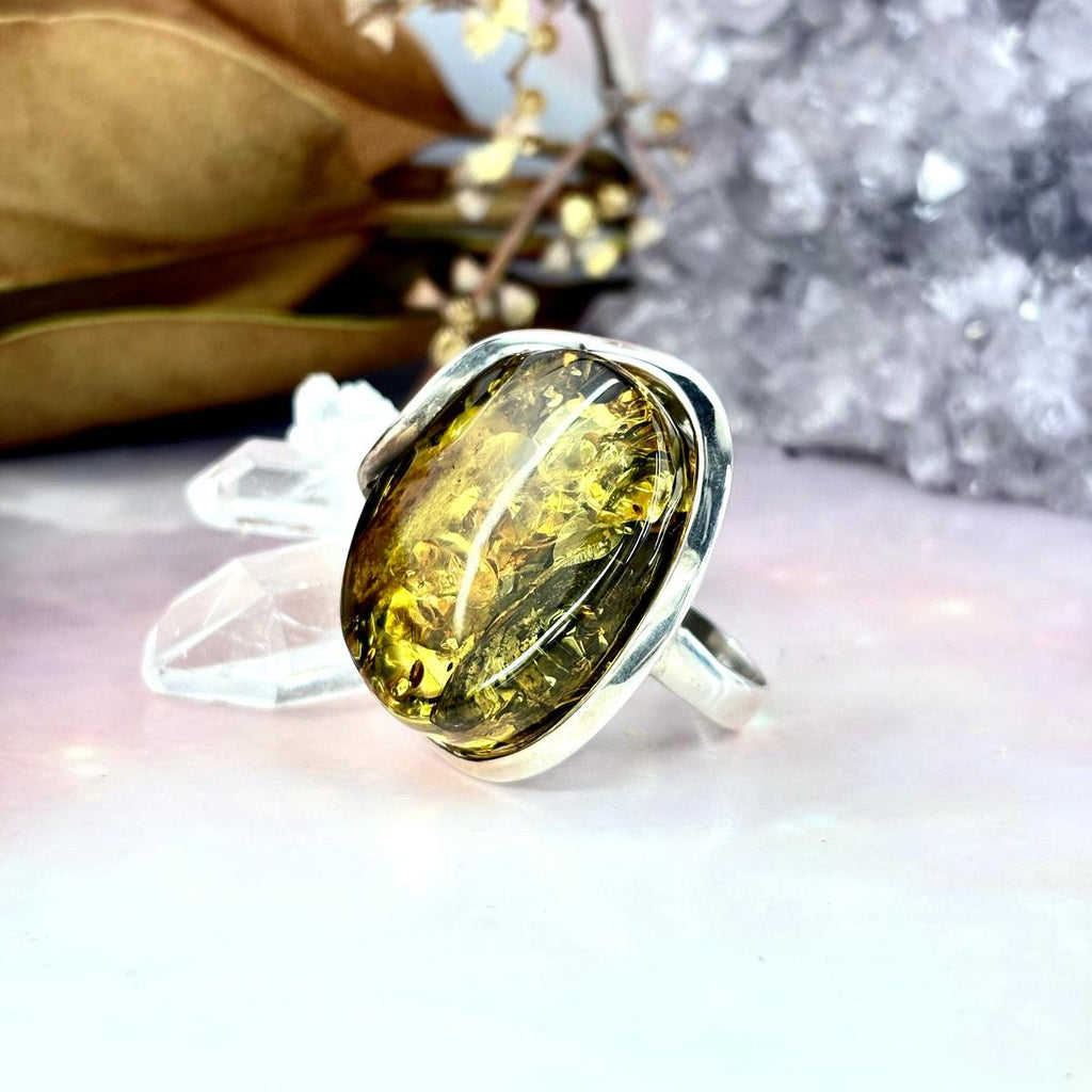 Natural Amber Silver Ring