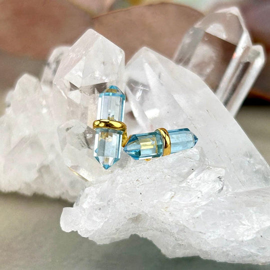 Blue Topaz Double Terminated Point Gold Stud Earrings