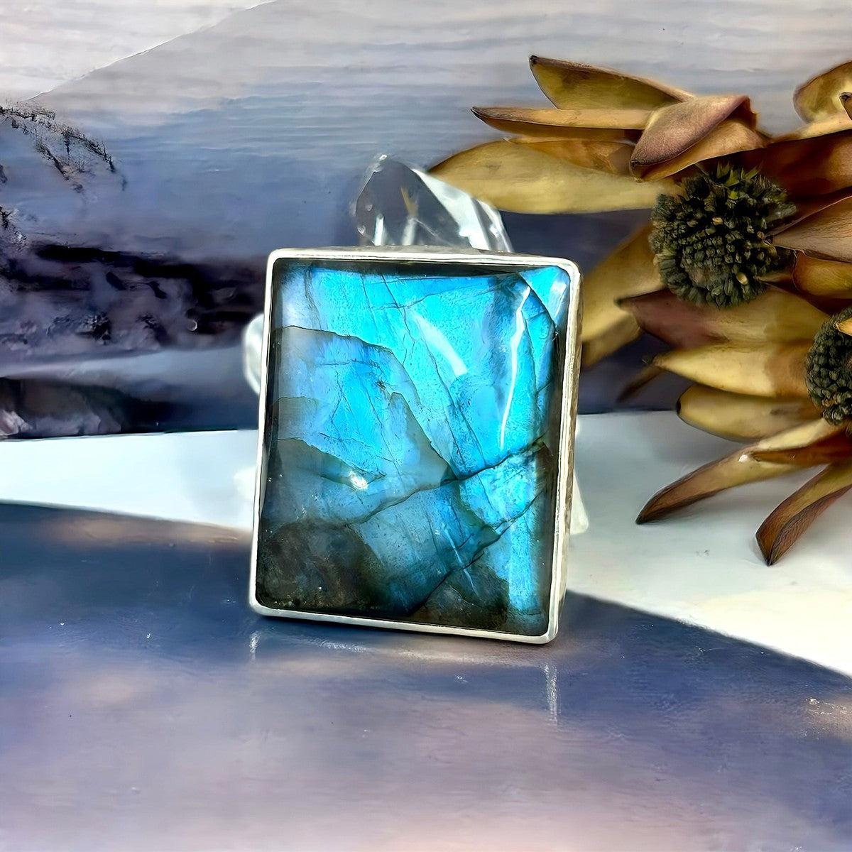 Blue Labradorite Battered Silver Ring