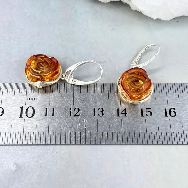 Orange Amber Silver Earrings