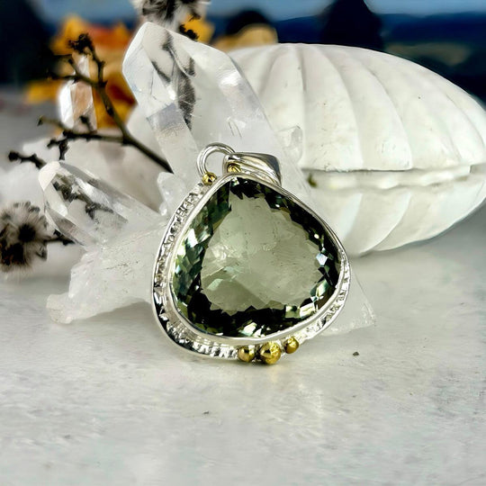 Green Amethyst Pear Cut Ornate Pendant