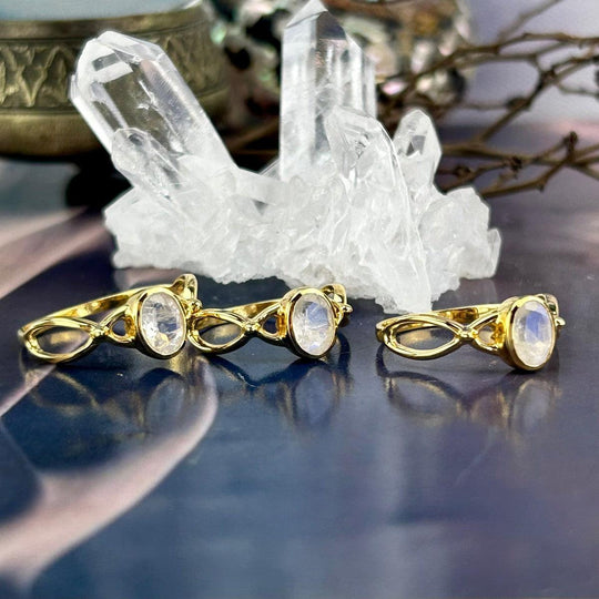 Rainbow Moonstone Cross Wave Gold Ring