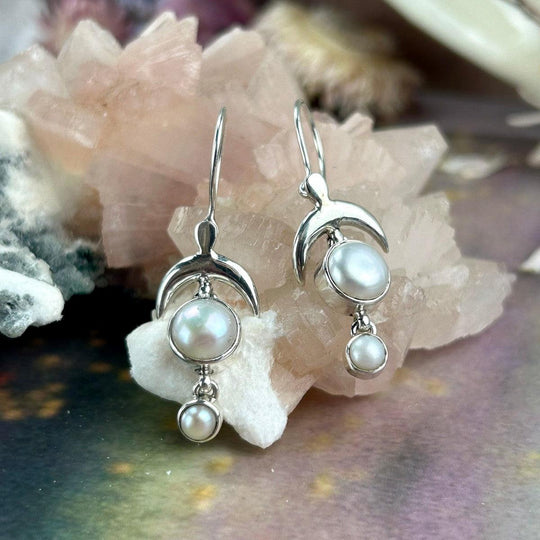 Pearl Crescent Moon Double Drop Earrings