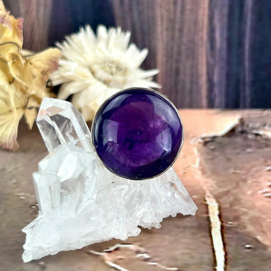 Amethyst Round Battered Silver Ring
