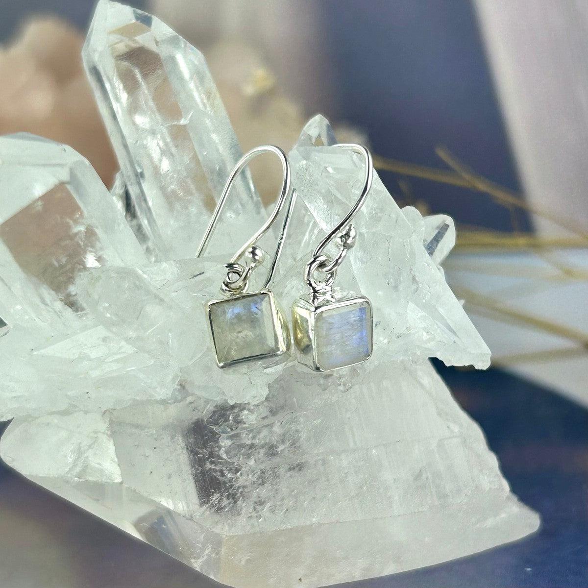 Rainbow Moonstone Square Cut Earrings