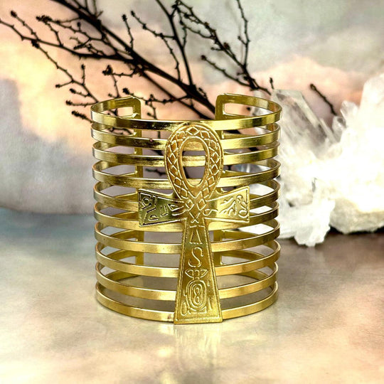 Ankh Brass Extra Wide Banded Cuff Bracelet