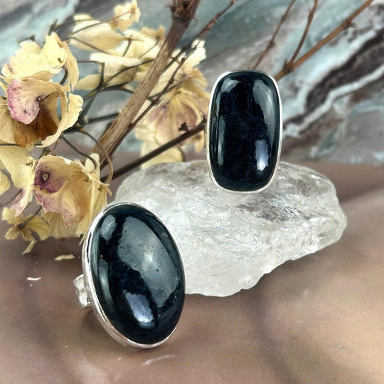 Black Tourmaline Assorted Shape Battered Silver Rings