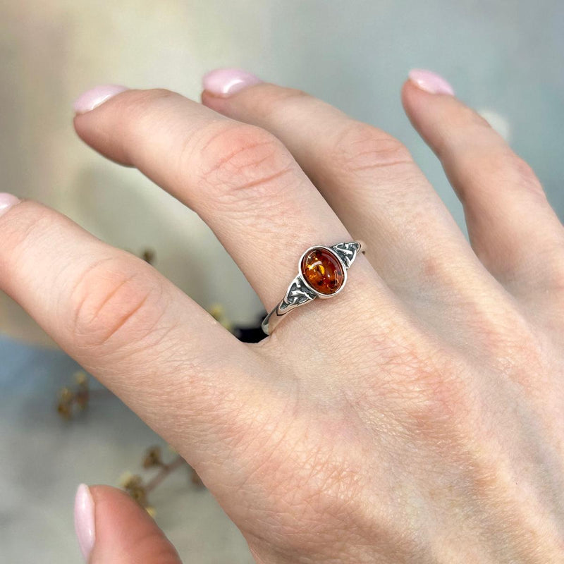 Baltic Cognac Amber Oval Triquetra Ring