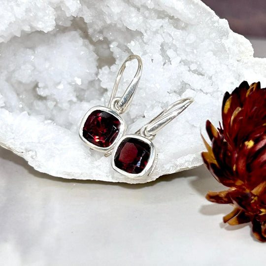 Garnet Square Cut Drop Earrings