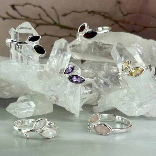 Assorted Gemstone Two Stone Leaf and Vine Band Rings