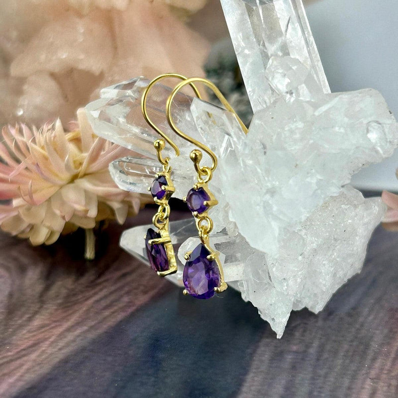 Purple Crystal Gold Drop Earrings