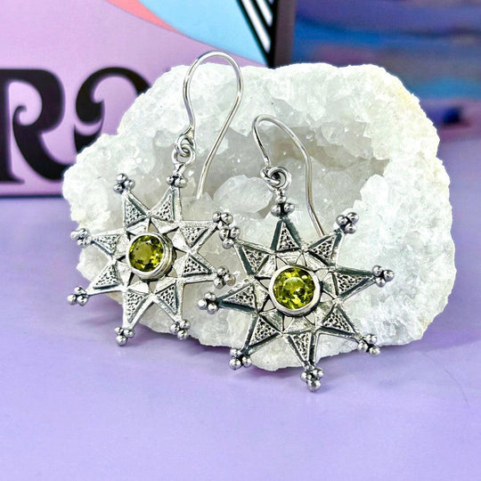 Peridot Aztec Sun Drop Earrings
