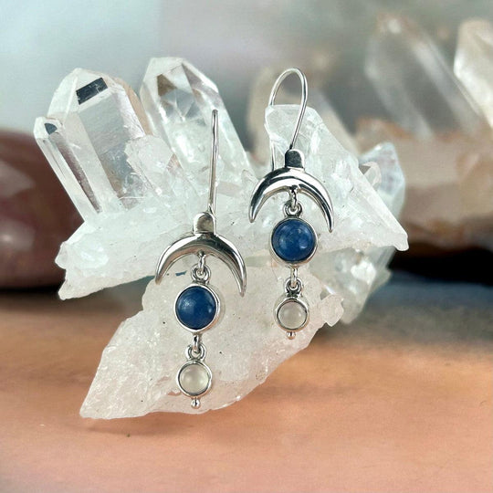 Kyanite & Cat’s Eye Moonstone Crescent Moon Drop Earrings