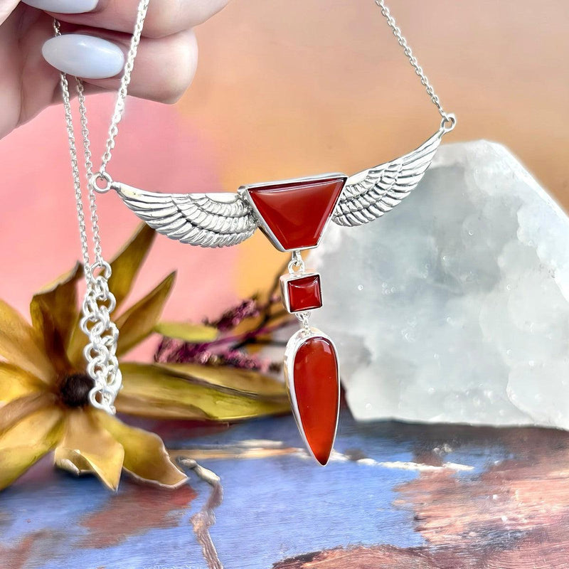 Carnelian Geometric Shapes Winged Pendant & Chain Necklace