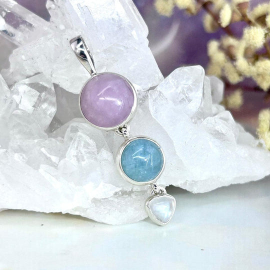 Kunzite, Aquamarine & Rainbow Moonstone Double Drop Pendant