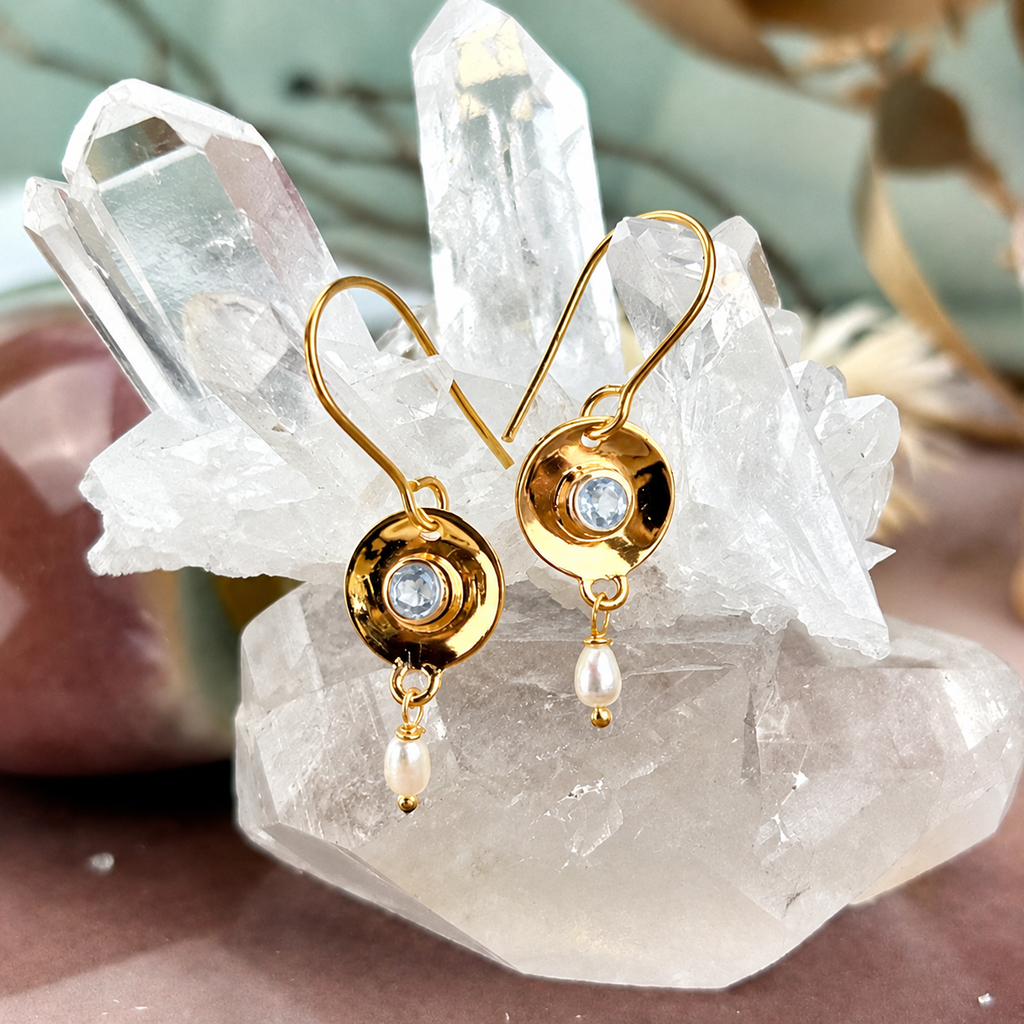 Blue Topaz & Pearl Gold Disc Drop Earrings