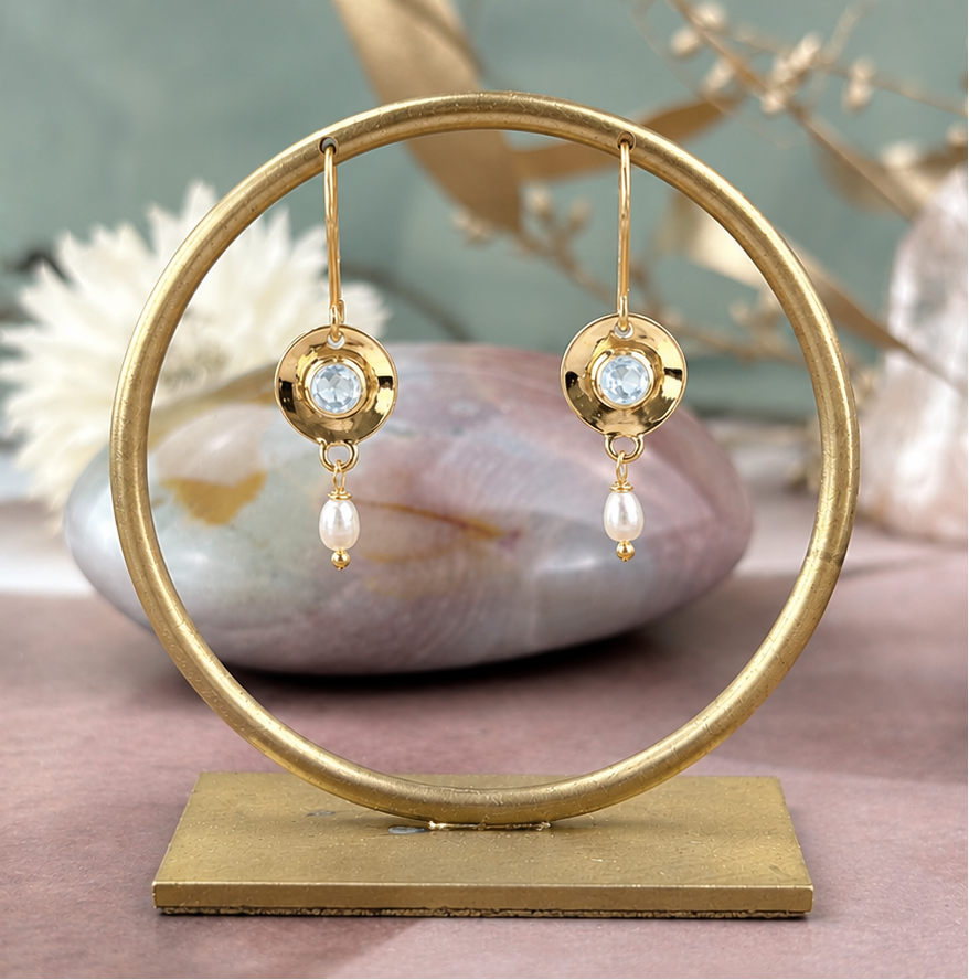 Blue Topaz & Pearl Gold Disc Drop Earrings