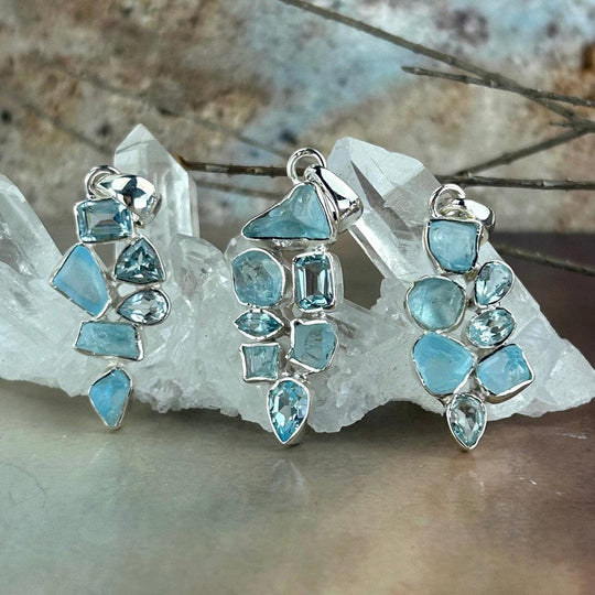 Blue Topaz Raw & Faceted Cluster Pendants