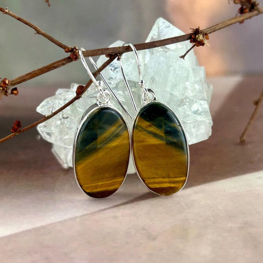 Golden-Blue Tiger’s Eye Oval Drop Earrings