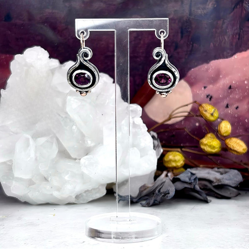 Garnet (Rhodolite) Oval Cut Sterling Silver & 9ct Rose Gold Scroll Drop Earrings By Lauren Harris