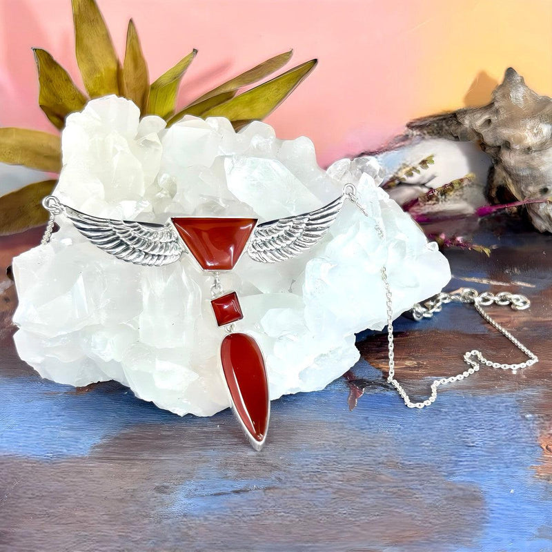 Carnelian Geometric Shapes Winged Pendant & Chain Necklace