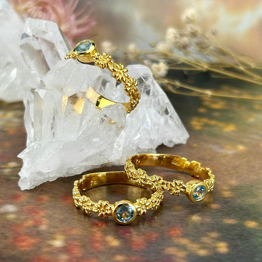 Swiss Blue Topaz Gold Flower Band Ring