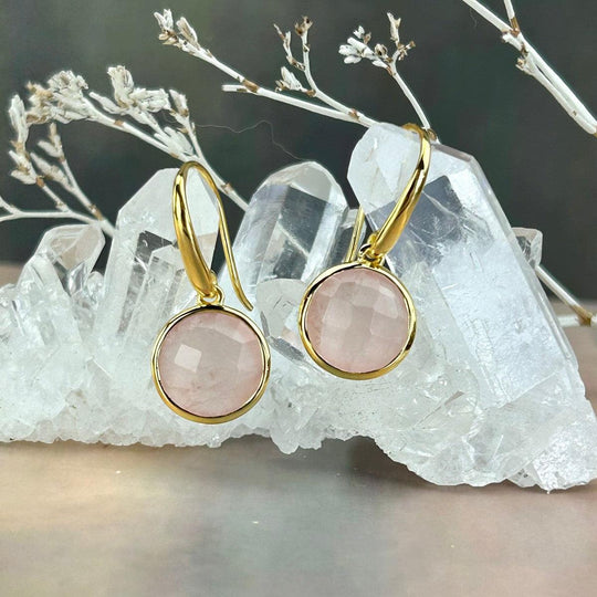 Rose Quartz Round Gold Drop Earrings