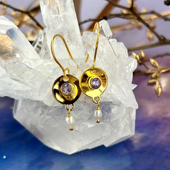 Amethyst & Pearl Gold Disc Drop Earrings