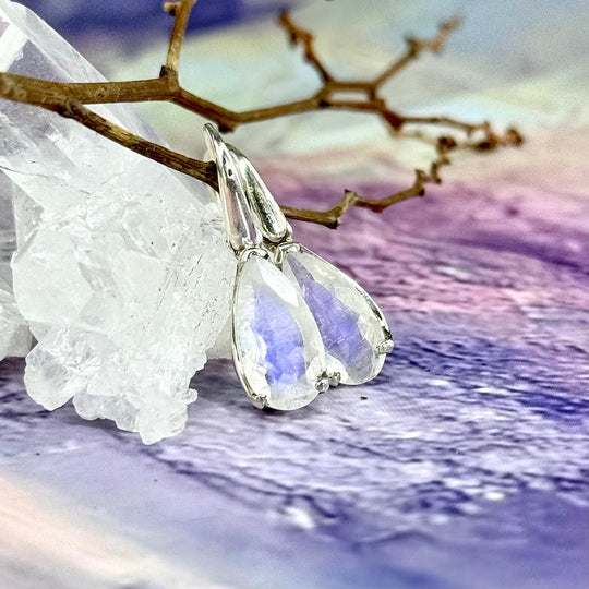 Rainbow Moonstone Elongated Teardrop Drop Earrings