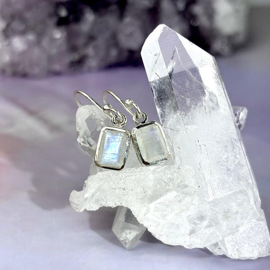 Emerald Cut Moonstone Earrings