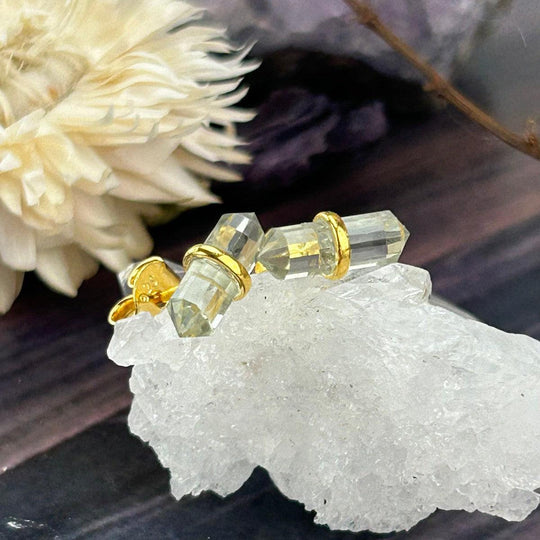 Green Amethyst Double Terminated Point Gold Stud Earrings