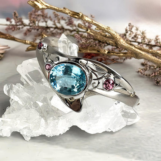Blue Topaz, Pink Tourmaline & Diamond Contemporary Cuff Bracelet By Janusz Szkutnik