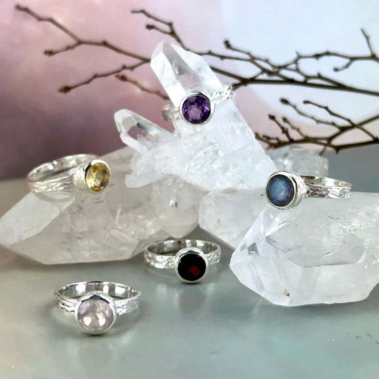 Assorted Gemstone Brilliant Cut Etched Band Rings