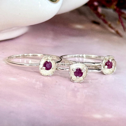 Ruby Silver Flower Ring