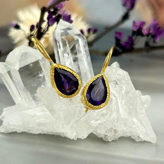 Amethyst Teardrop Cut Brushed Gold Drop Earrings