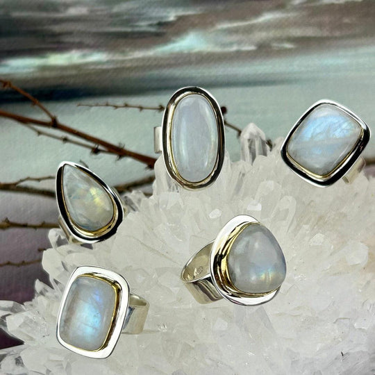 Rainbow Moonstone Assorted Shape Brass Rim Rings