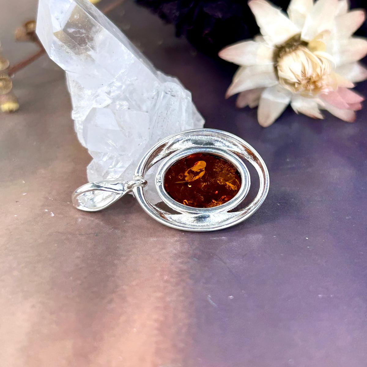 Orange Amber Silver Pendant