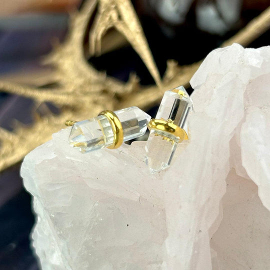 Clear Quartz Double Terminated Point Gold Stud Earrings