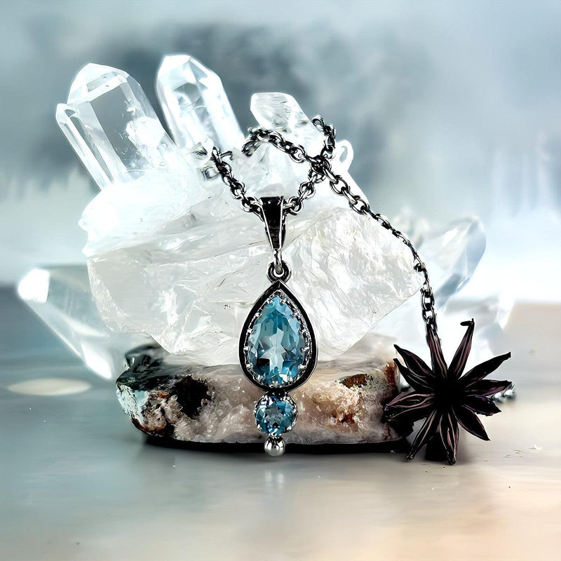 Blue Topaz (Sri Lankan) Two Stone Double Drop Pendant & Chain By Lauren Harris