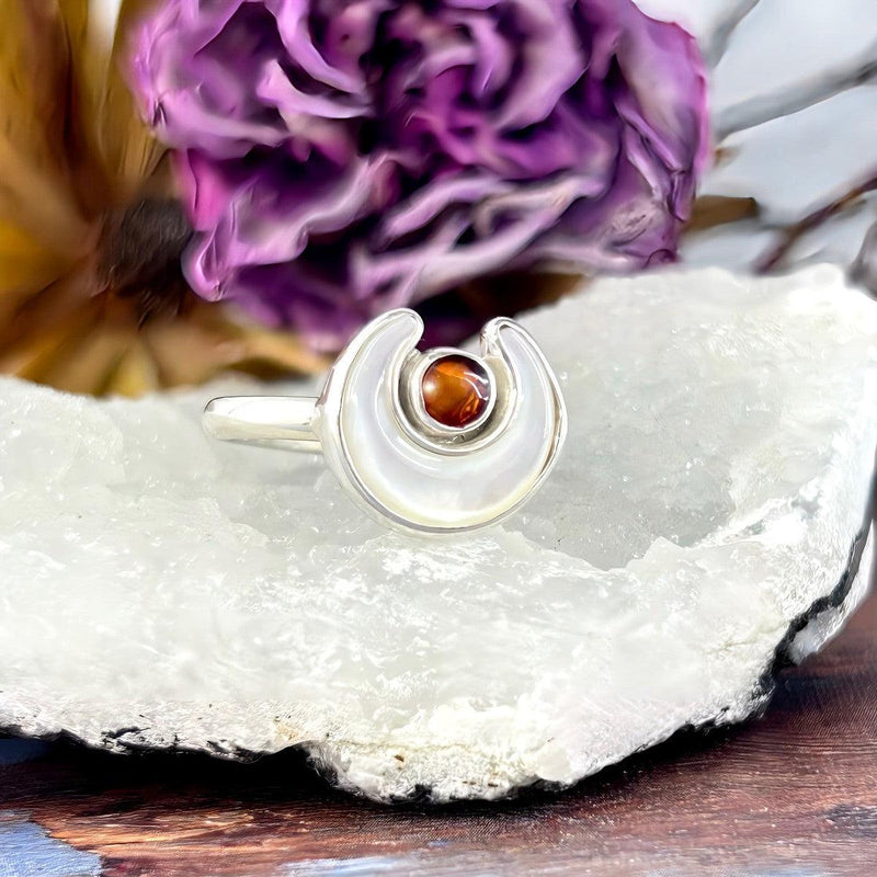 Nautilus Shell & Baltic Amber Crescent Moon Ring