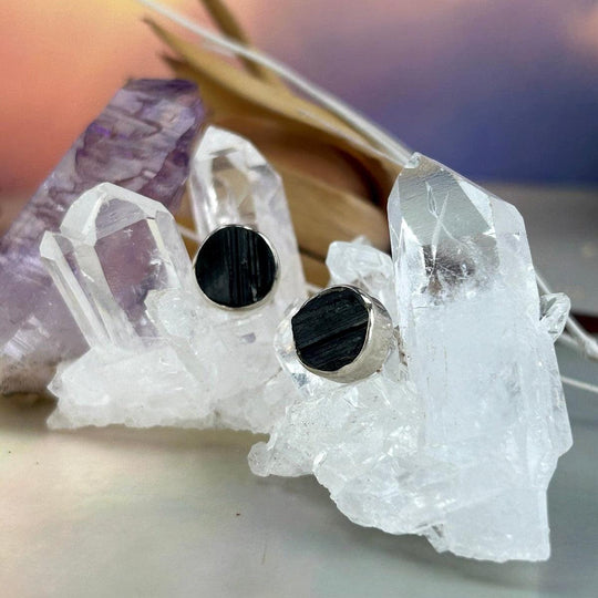 Black Tourmaline Round Raw Stud Earrings
