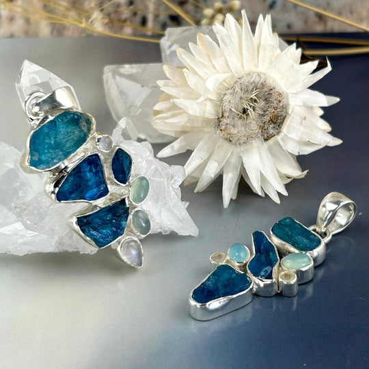 Neon Apatite, Chalcedony & Rainbow Moonstone Raw & Polished Cluster Pendants