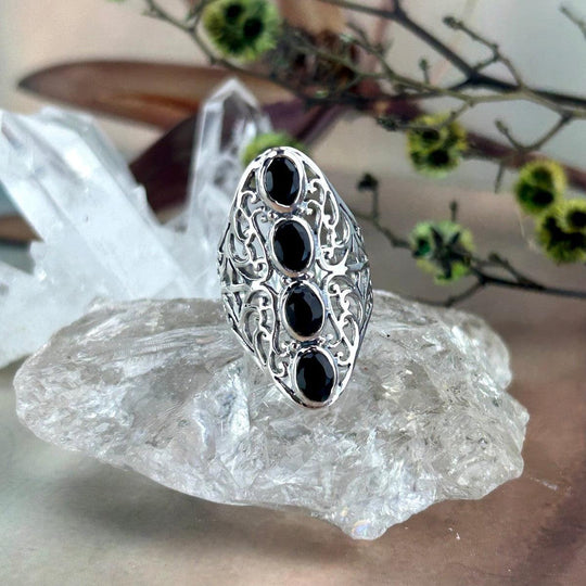 Black Onyx Four Stone Ornate Band Ring