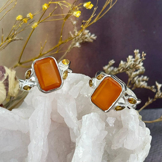 Carnelian & Citrine Emerald Cut Leaf & Vine Band Ring