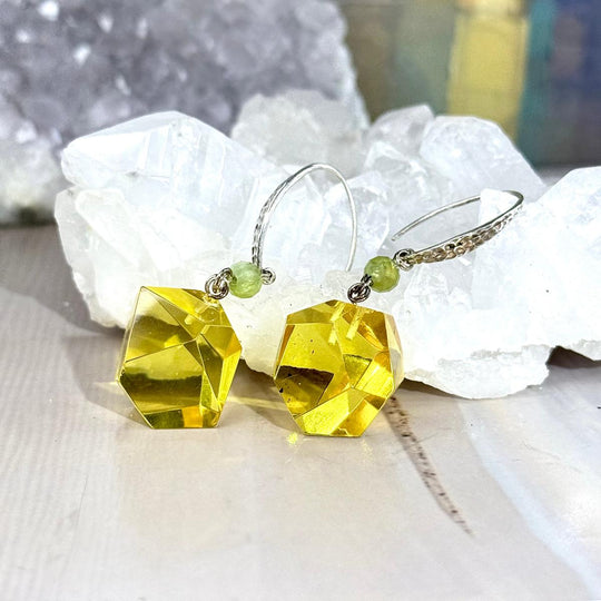 Baltic Amber Faceted Nugget & Peridot Bead Double Drop Earrings