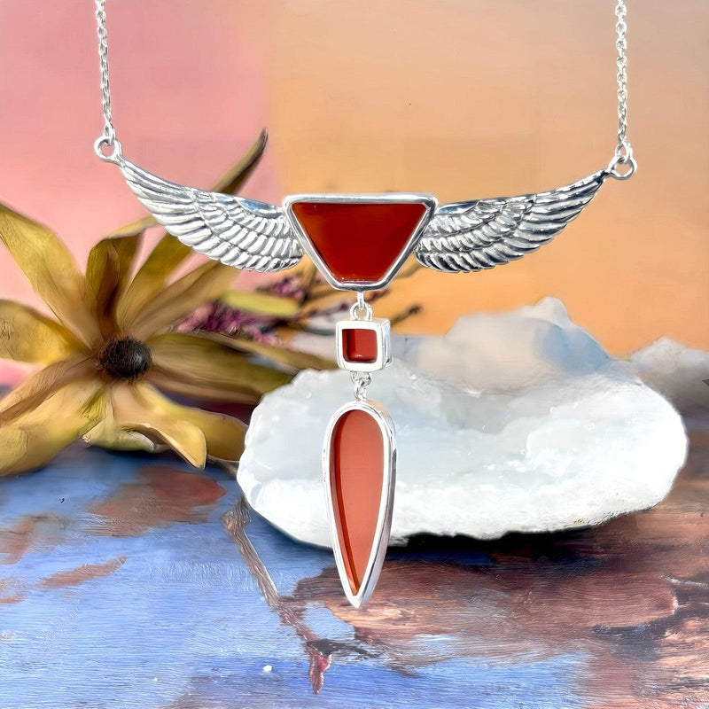 Carnelian Geometric Shapes Winged Pendant & Chain Necklace