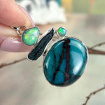 Shattuckite, Opal & Black Tourmaline Raw & Polished Pendant