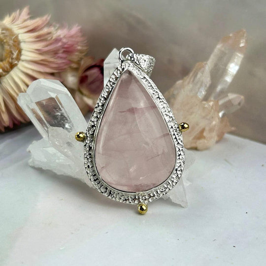 Rose Quartz Teardrop Ornate Etched Silver Pendant
